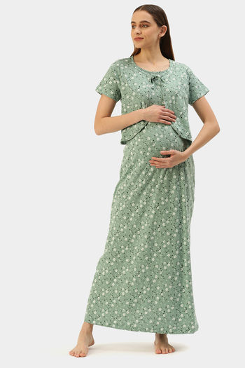 Zivame Maternity Knit Cotton Knee Length Nightdress - Green Ash