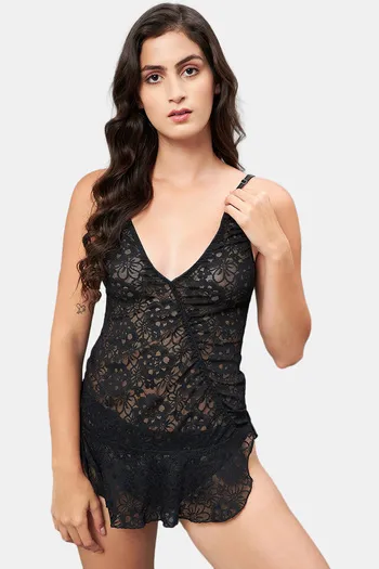 Buy Secrets By ZeroKaata Lace Babydoll With Thong - Black at Rs.1344 online