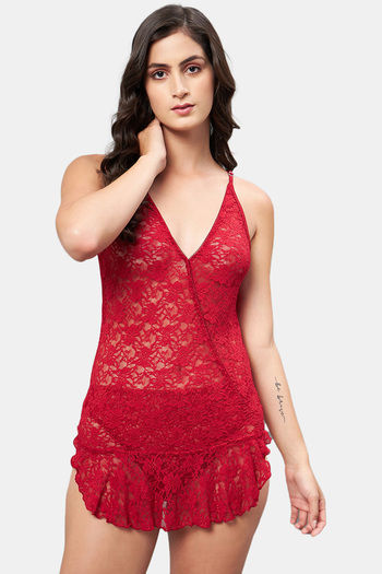 Buy Secrets By ZeroKaata Lace Babydoll With Thong - Maroon