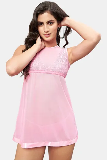 Buy Secrets By ZeroKaata Nylon Babydoll With Thong - Pink at Rs.1344 online