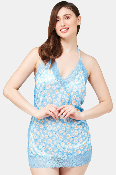 Secrets By ZeroKaata Poly Satin Babydoll With Thong - Blue