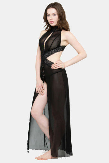 Buy N-Gal Relaxed Fit Nylon Elastane Anke Length Nighty - Black at Rs.879  online