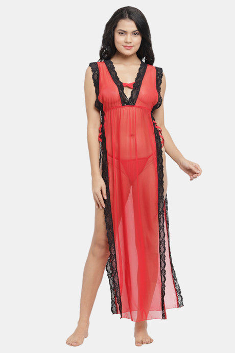 Buy N-Gal Relaxed Fit Nylon Elastane Anke Length Nighty - Red at Rs.1150  online