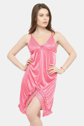 Buy N Gal Relaxed Fit Satin Short Length Nighty Pink at Rs.419