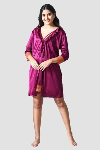 Buy N-Gal Satin Nightwear With Robe - Magenta at Rs.720 online