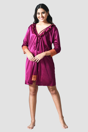 Buy N-Gal Satin Nightwear With Robe - Magenta