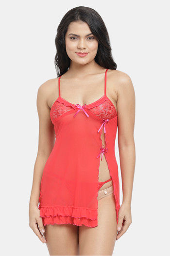 Buy N-Gal Relaxed Fit Nylon Elastane Babydoll with Thong - Red at Rs.550  online