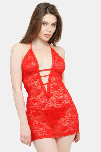 Buy N-Gal Relaxed Fit Nylon Elastane Babydoll with Thong - Red