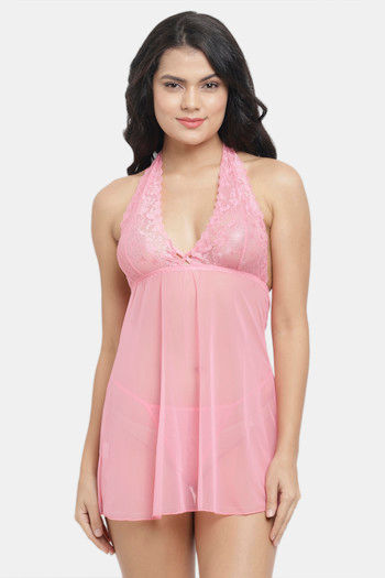 Buy N-Gal Relaxed Fit Nylon Elastane Babydoll with Thong - Pink 