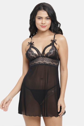 Buy N-Gal Relaxed Fit Nylon Elastane Babydoll with Thong - Black at Rs.500  online