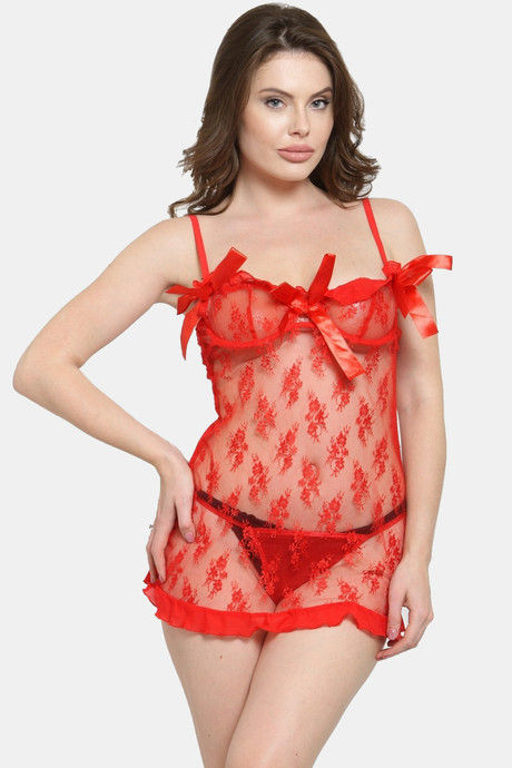N-Gal Relaxed Fit Nylon Elastane Babydoll with Thong - Red