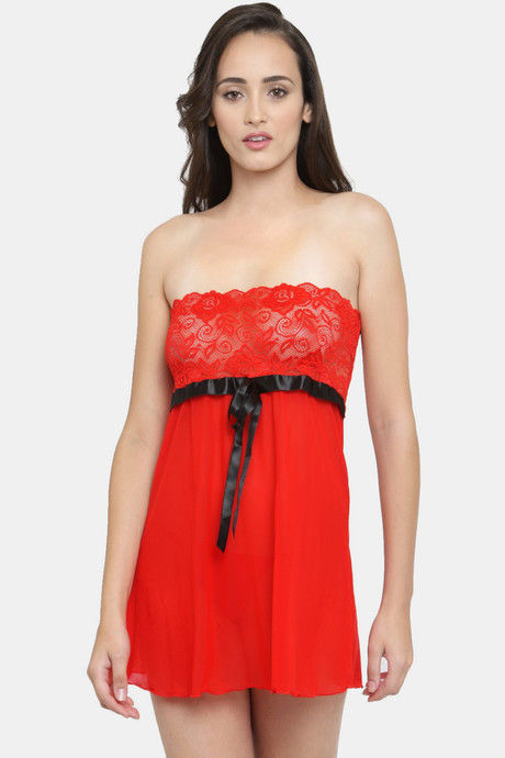 N-Gal Relaxed Fit Nylon Elastane Babydoll with Thong - Red