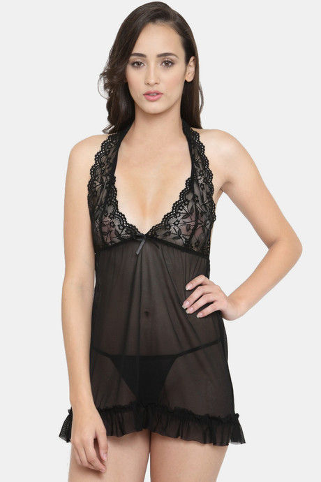 N-Gal Relaxed Fit Nylon Elastane Babydoll with Thong - Black