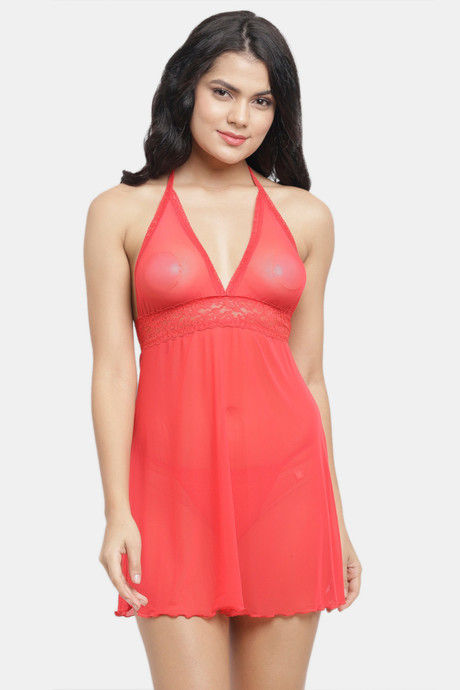 N-Gal Relaxed Fit Nylon Elastane Babydoll with Thong - Red