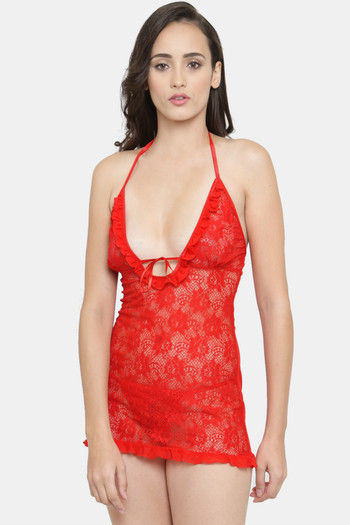 Buy N-Gal Relaxed Fit Nylon Elastane Babydoll with Thong - Red