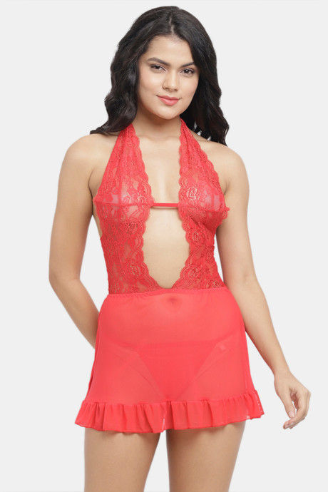 N-Gal Relaxed Fit Nylon Elastane Babydoll with Thong - Red