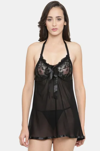 Buy N-Gal Relaxed Fit Nylon Elastane Babydoll with Thong - Black at Rs.500  online