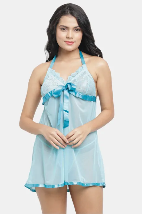 Buy N-Gal Relaxed Fit Nylon Elastane Babydoll with Thong - Light Blue at  Rs.500 online