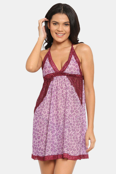 N-Gal Relaxed Fit Nylon Elastane Babydoll with Thong - Burgundy