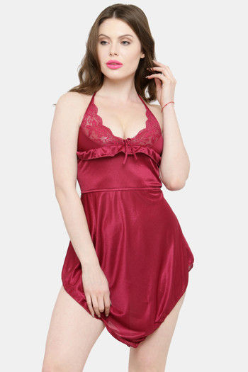 Buy N-Gal Relaxed Fit Satin Babydoll with Thong - Maroon