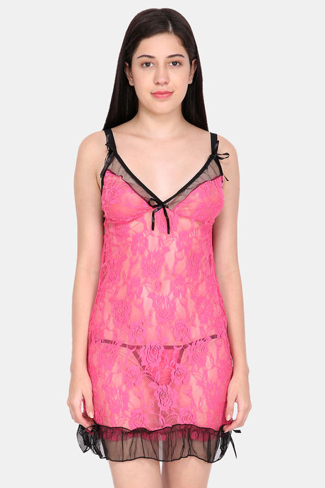 Ms.Lingies Modal Babydoll With Thong - Pink