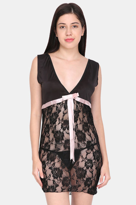 Ms.Lingies Modal Babydoll With Thong - Black