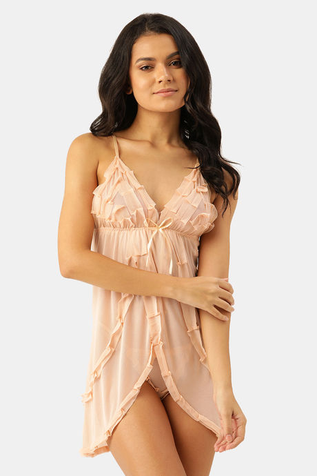 Ms.Lingies Rayon Babydoll With Thong - Cream