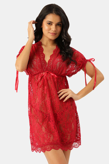 Buy Ms.Lingies Rayon Babydoll With Thong - Red