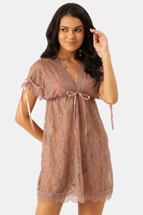 Ms.Lingies Rayon Babydoll With Thong - Brown