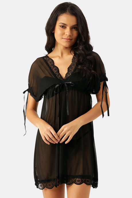 Ms.Lingies Rayon Babydoll With Thong - Black