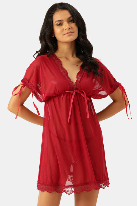 Ms.Lingies Rayon Babydoll With Thong - Red