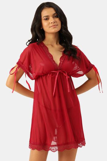 Buy Ms.Lingies Rayon Babydoll With Thong - Red