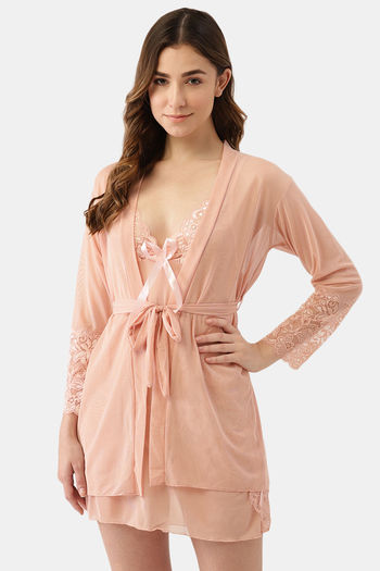 Buy Ms.Lingies Lace Babydoll With Robe And Thong - Peach