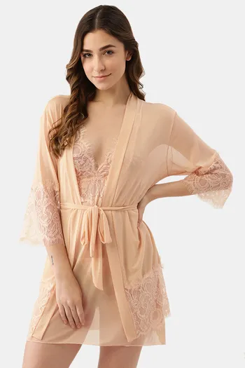 Buy Ms.Lingies Lace Babydoll With Robe And Thong - Skin