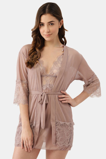 Buy Ms.Lingies Lace Babydoll With Robe And Thong - Brown