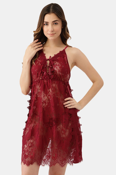 Ms.Lingies Lace Babydoll With Thong - Brugundy