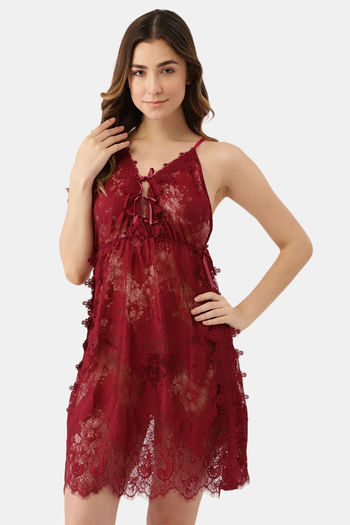 Buy Ms.Lingies Lace Babydoll With Thong - Brugundy