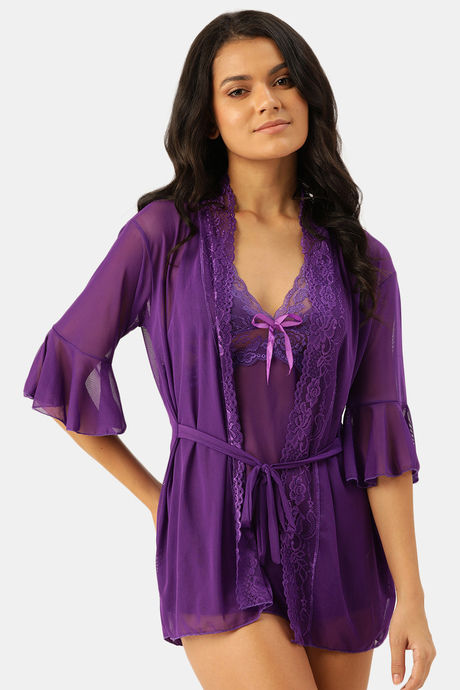 Buy Ms.Lingies Lace Babydoll With Robe And Thong - Dark Purple at