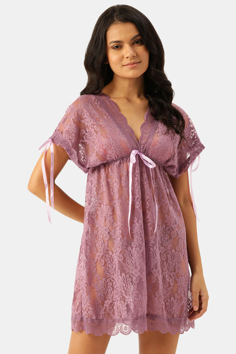 Ms.Lingies Lace Babydoll With Thong - Purple