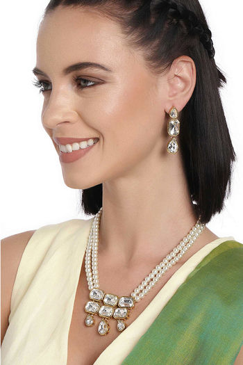 Peora Brass Gold Plated Crystal Pearl Long Necklace amp; Drop Earring Jewellery Set White