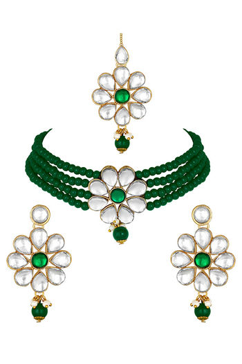 Peora Gold Plated Brass Kundan Pearl Floral Choker Necklace Earring Maang  Tikka Set (PF24N2875G)