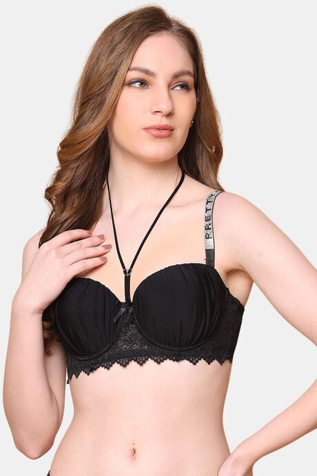 PrettyCat Lightly Padded Balconette Bra With Shine Strap for Women & Girls - Black
