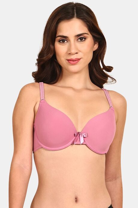 Prettycat Women Lightly Padded Underwire Plunge Bra With Bow - Pink