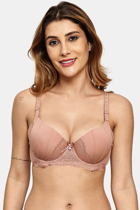 Prettycat Pushup Padded Underwire Lace T-Shirt Bra For Women - Beige