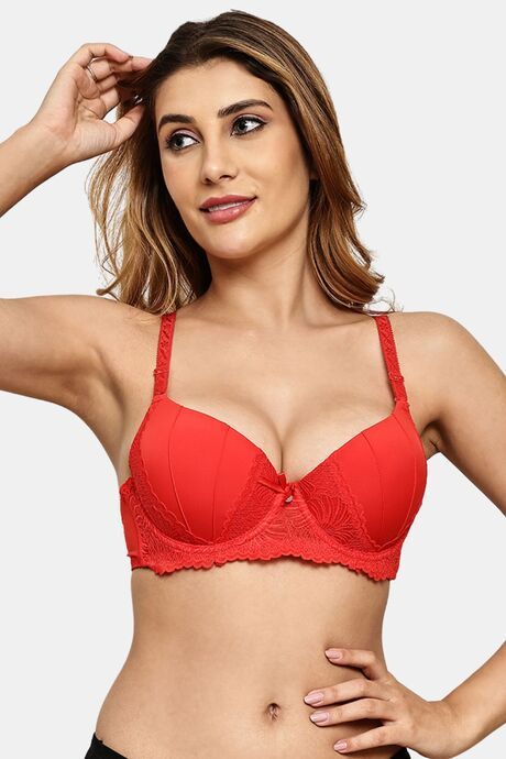 Prettycat Pushup Padded Underwire Lace T-Shirt Bra For Women - Red