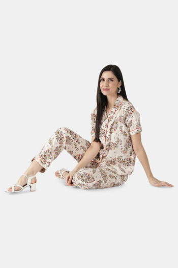 Buy DUSK Attire Women's Rayon Floral Escape Pyjama Set (Cream,XS)  (D-Flore-PJ-CR-XS) at