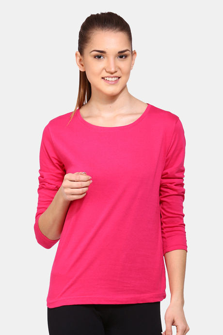 Basic Hot Pink Crew Neckline Long Sleeves Cotton T-Shirt