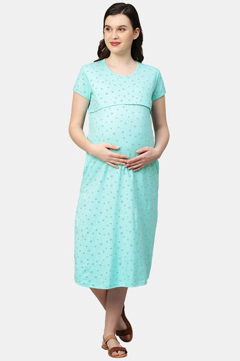 Buy Momtobe Knit Cotton Mid Length Maternity Nightdress Sky Blue