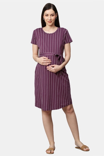 Momtobe Knit Cotton Mid Length Maternity Nightdress Mauve Purple