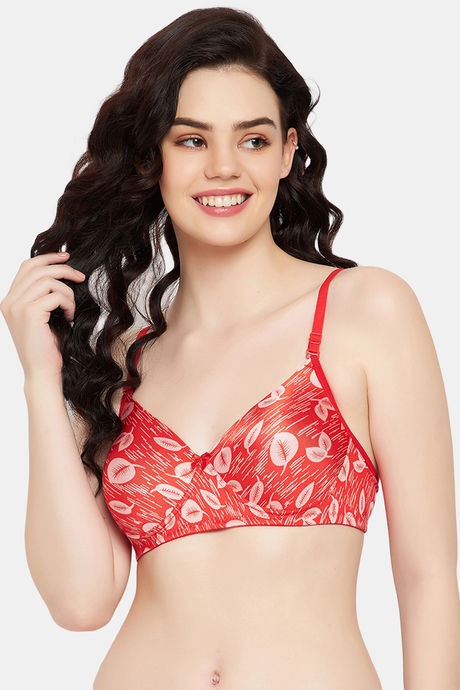 Clovia Non-Padded Non-Wired Full Coverage Printed T-Shirt Bra in Red- 100%  Cotton 